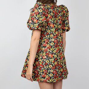 Ganni Multicolor Floral Jacquard Puff-Sleeve Mini Dress